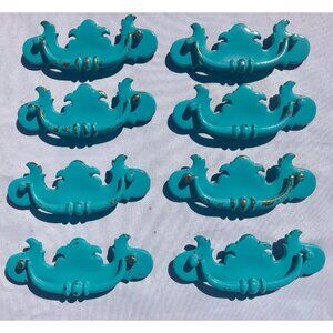 Vtg Turquoise Blue Dresser Desk Cabinet Drawer Pulls 5.5” Set 8 Cottage Western